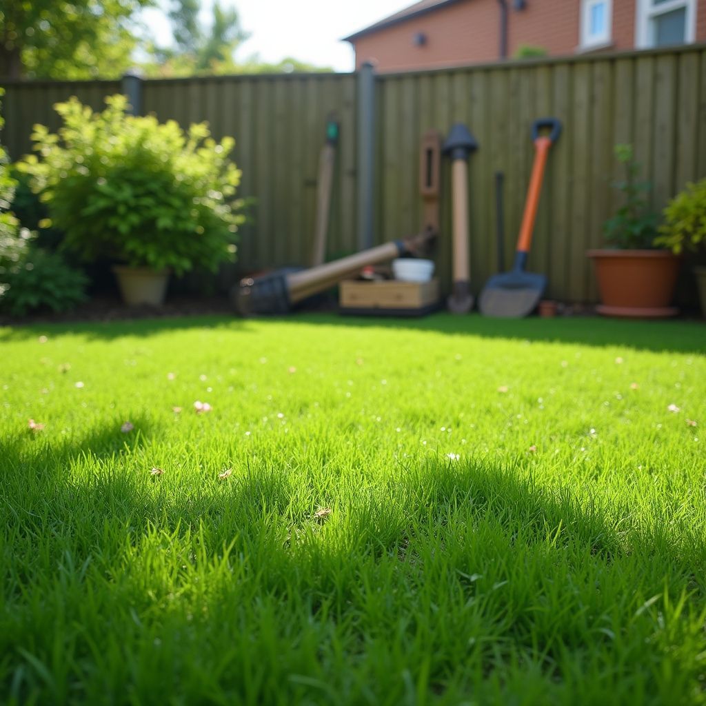 Pelouse verdoyante et luxuriante avec des outils de jardin appuyés contre une clôture en bois dans un jardin.