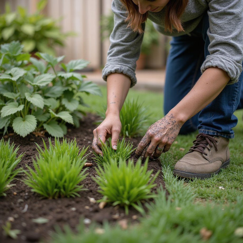 Personne jardinant, plantant de petites plantes vertes dans un parterre, les mains dans la terre, portant des bottes.