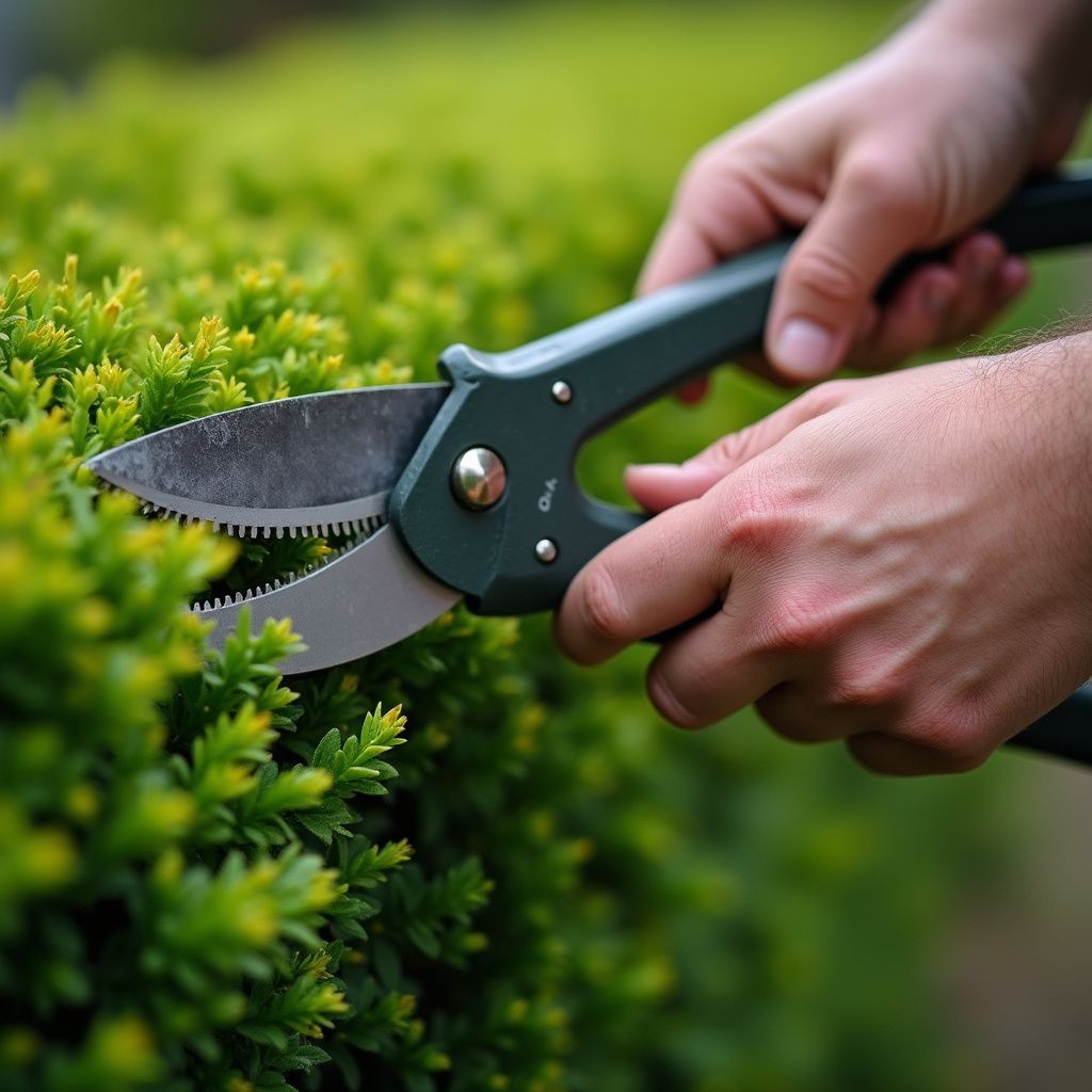 Des mains taillent un buisson vert avec des cisailles vertes.
