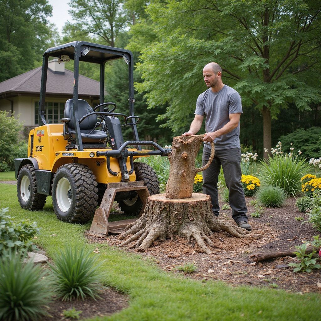 Un homme utilise une dessoucheuse sur une souche d'arbre dans un jardin. Un petit tracteur équipé d'une cage de protection est visible en arrière-plan.