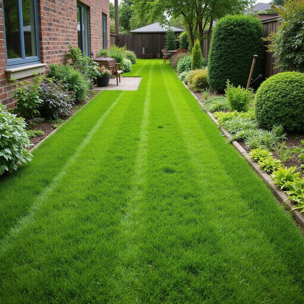 Une pelouse longue et étroite, aux rayures fraîchement tondues, bordée de parterres de fleurs, d'une maison en briques et d'un petit kiosque.