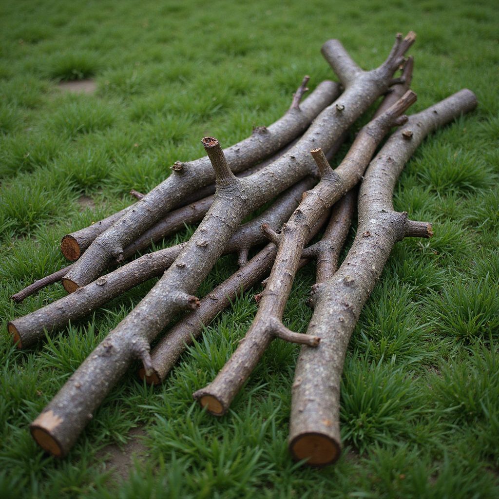 Tas de branches d'arbres brunes et coupées sur de l'herbe verte.