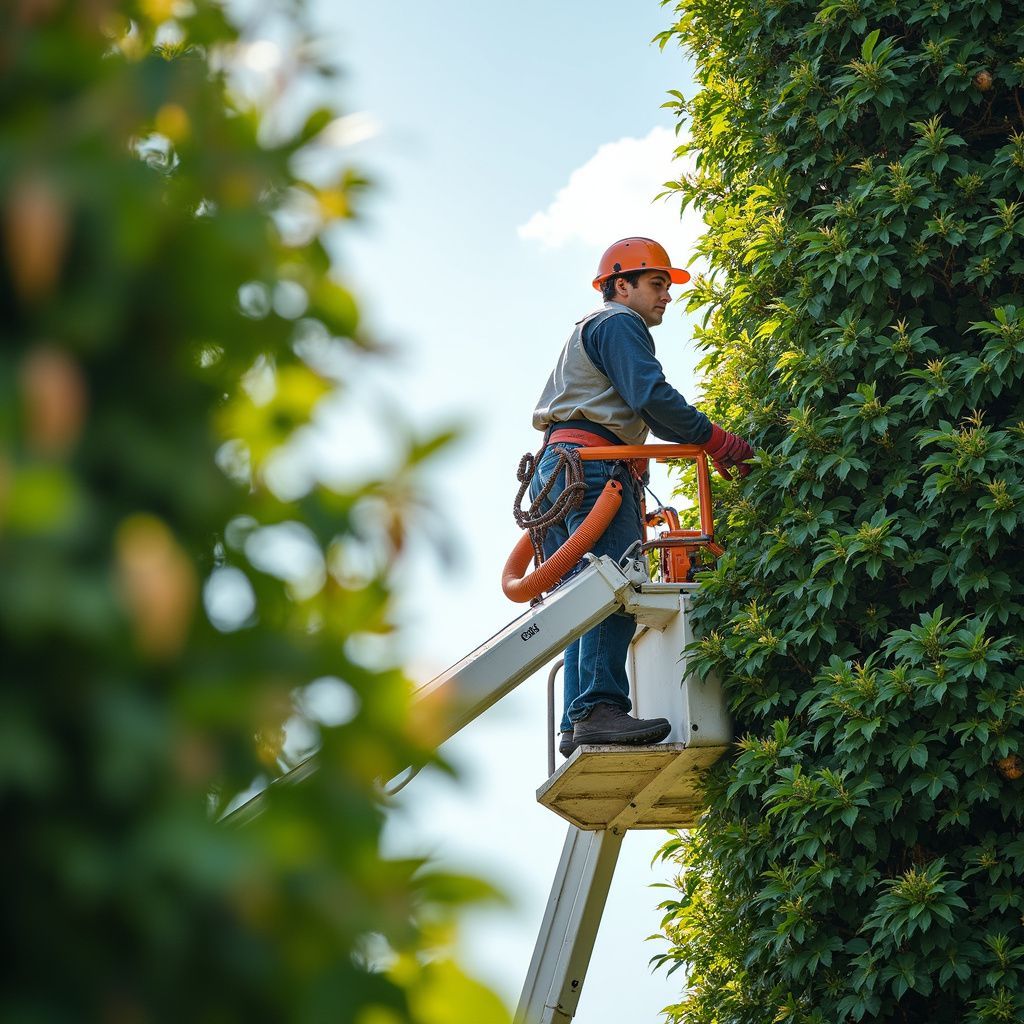 Un homme taille une haute haie dans un ascenseur par une journée ensoleillée.
