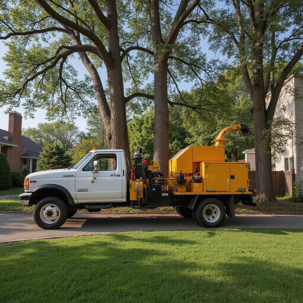 Un camion blanc d'entretien d'arbres avec une déchiqueteuse jaune est stationné sur une pelouse près de grands arbres.