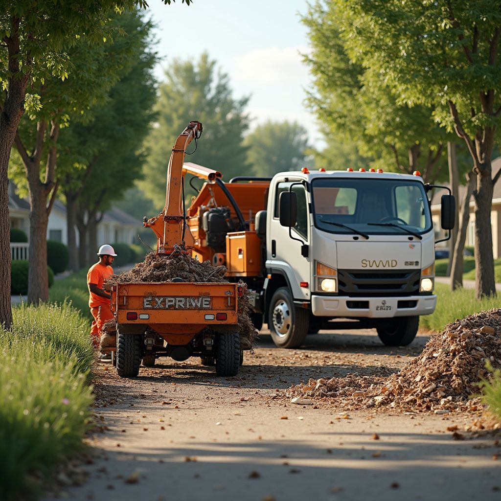Un ouvrier charge des débris dans un camion broyeur. Une remorque orange est en train d'être remplie. La rue est bordée d'arbres.