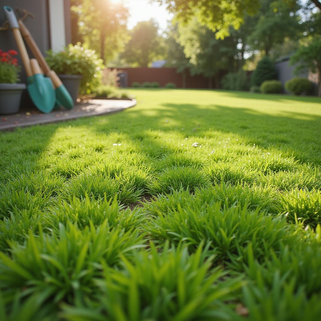 Pelouse verdoyante luxuriante avec des outils de jardin appuyés contre une maison ; cadre extérieur ensoleillé.