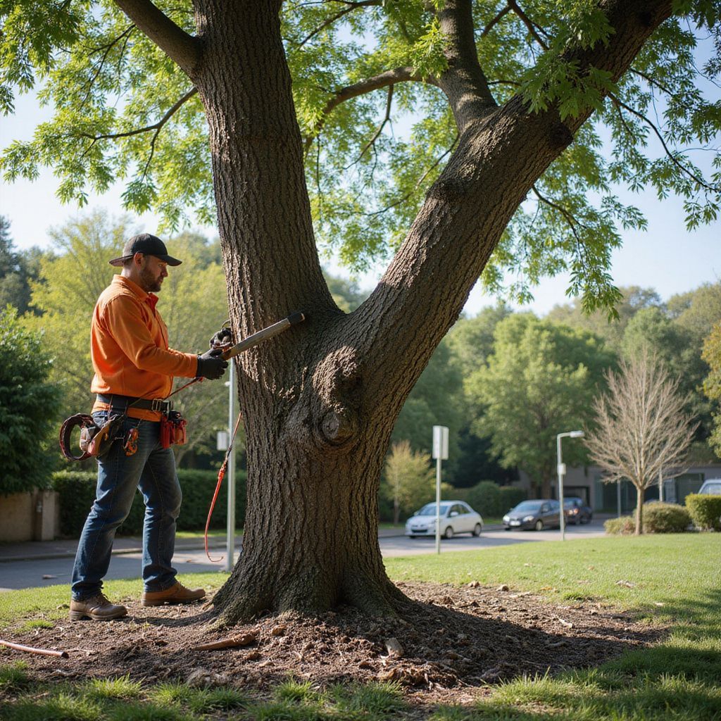 Un arboriste taille une branche d'arbre à la scie en extérieur par une journée ensoleillée.