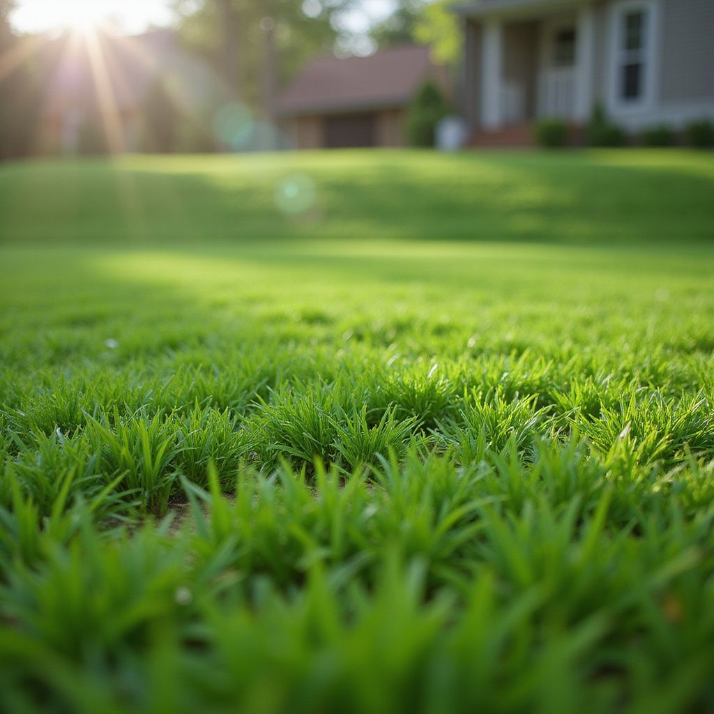 Pelouse verte avec un soleil rayonnant et une maison en arrière-plan.