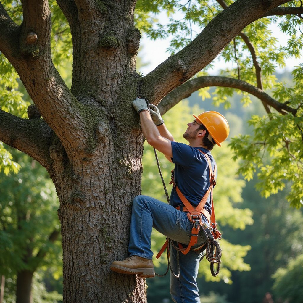 Un arboriste, perché dans un arbre, porte un casque et un harnais de sécurité et fixe une corde. En extérieur, sous un soleil éclatant.
