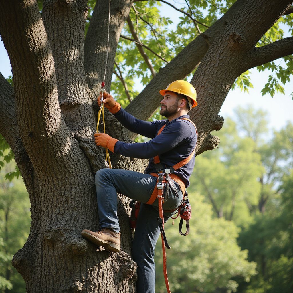 Un arboriste, perché dans un arbre, sécurise une corde. Il porte un harnais, un casque et des gants, en extérieur par une journée ensoleillée.