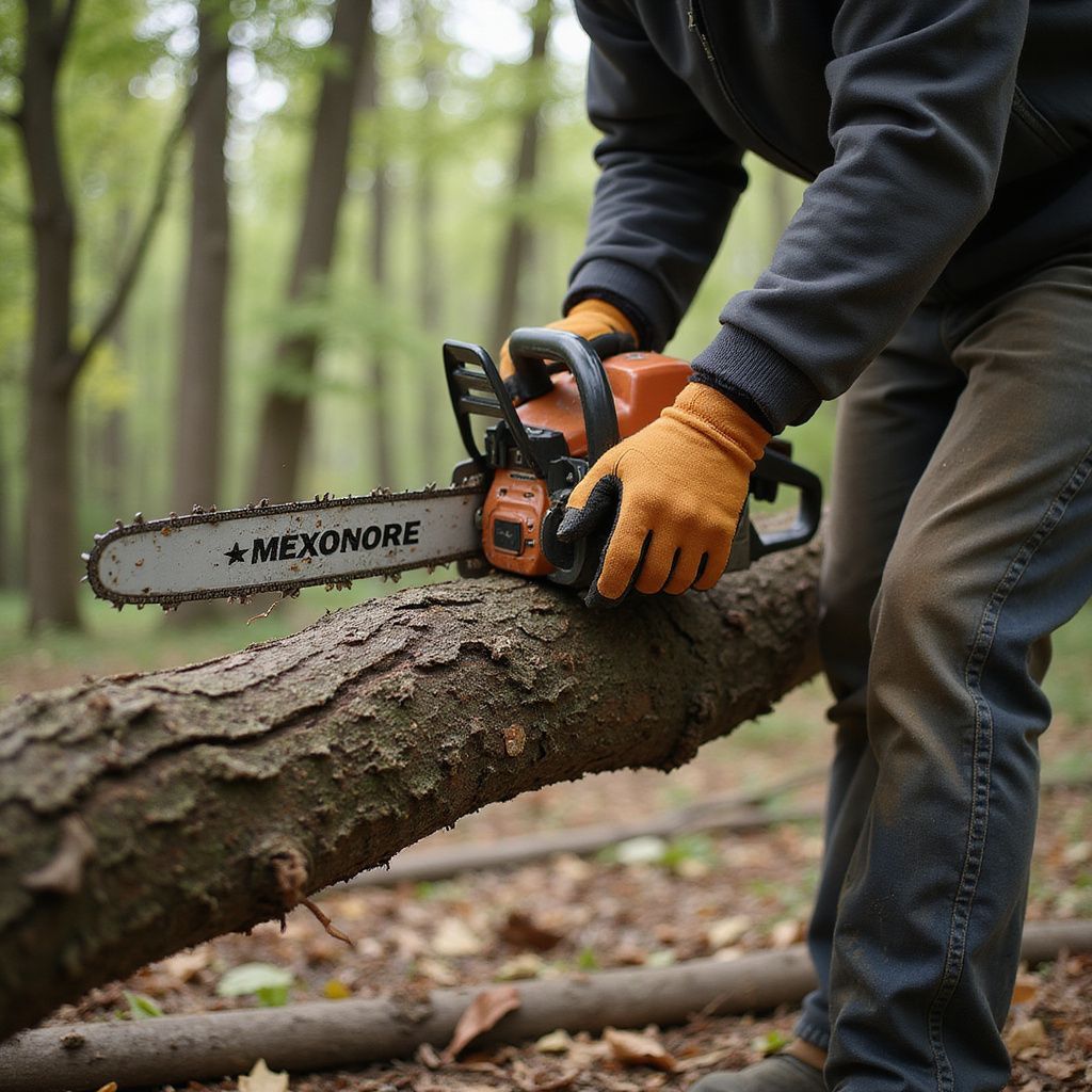 Une personne coupe une bûche avec une tronçonneuse orange dans une forêt.