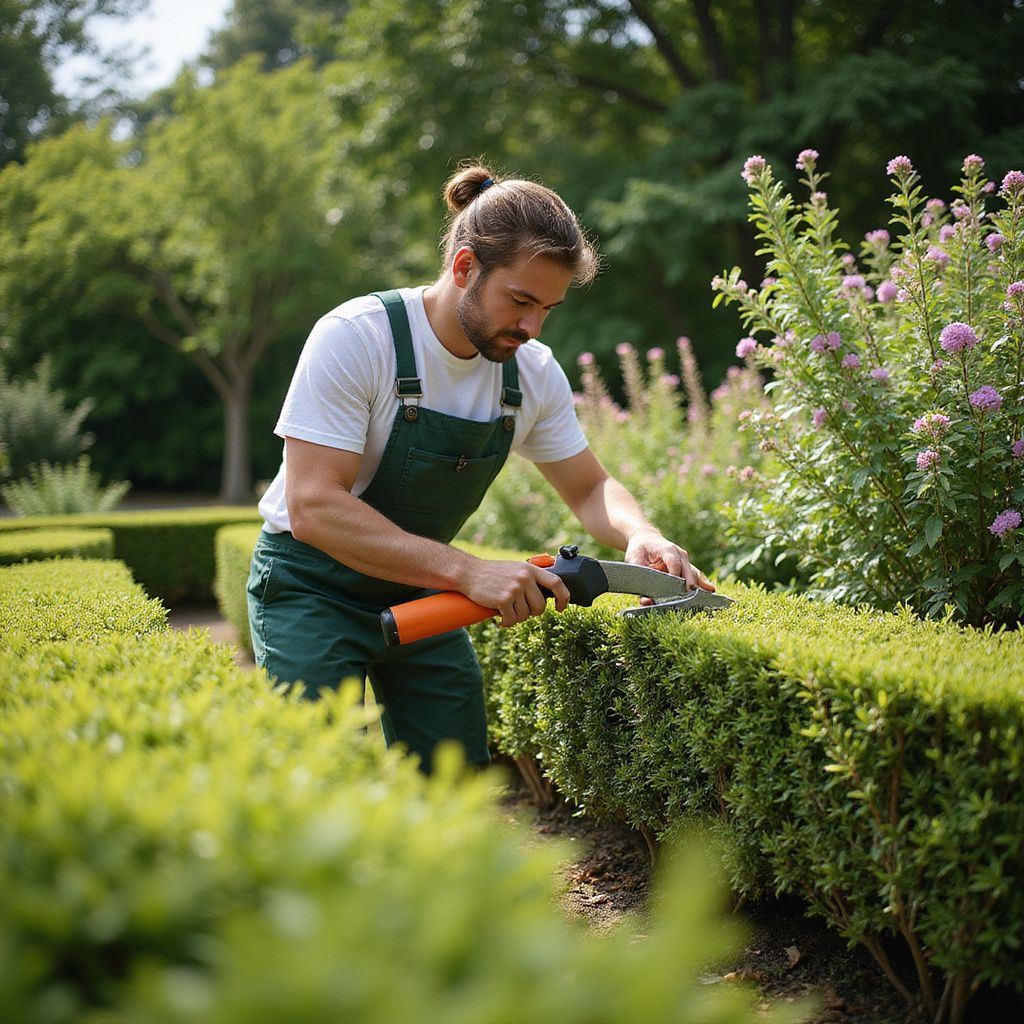 Un homme taille une haie avec des cisailles orange et noires dans un jardin. Il porte une salopette verte et un t-shirt blanc.