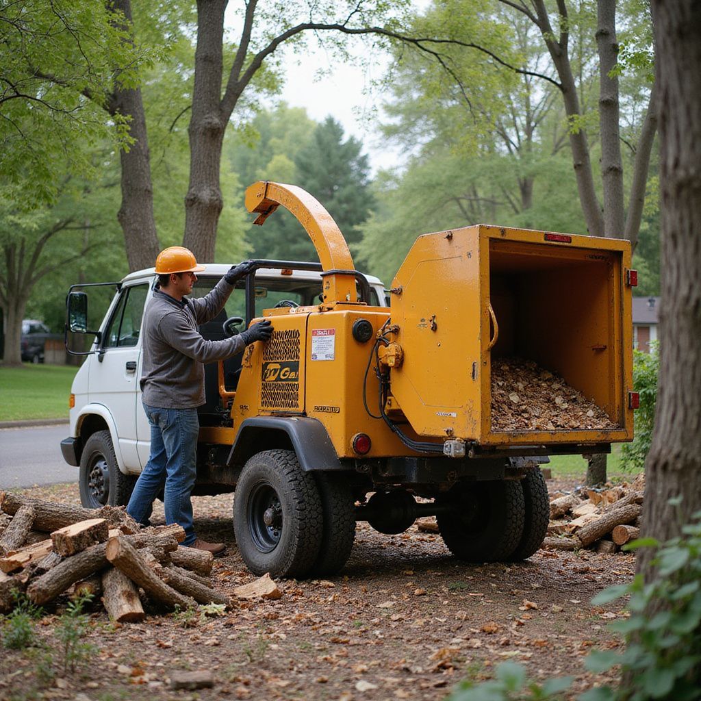 Un homme portant un casque de chantier manipule une déchiqueteuse à bois sur un camion, au milieu de débris végétaux.
