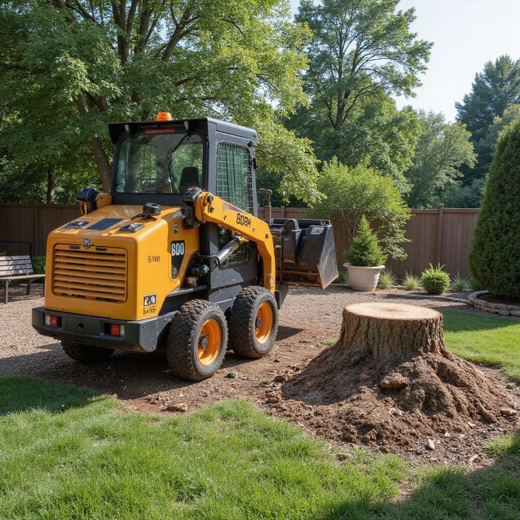Chargeuse compacte jaune à côté d'une souche d'arbre sur une pelouse.