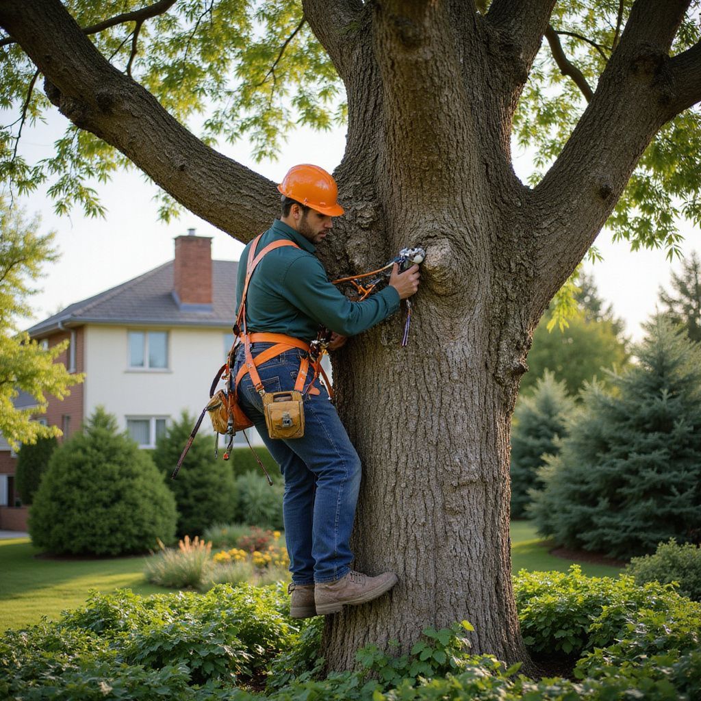 Un arboriste portant un casque orange et un harnais de sécurité travaille sur un arbre dans un jardin résidentiel.