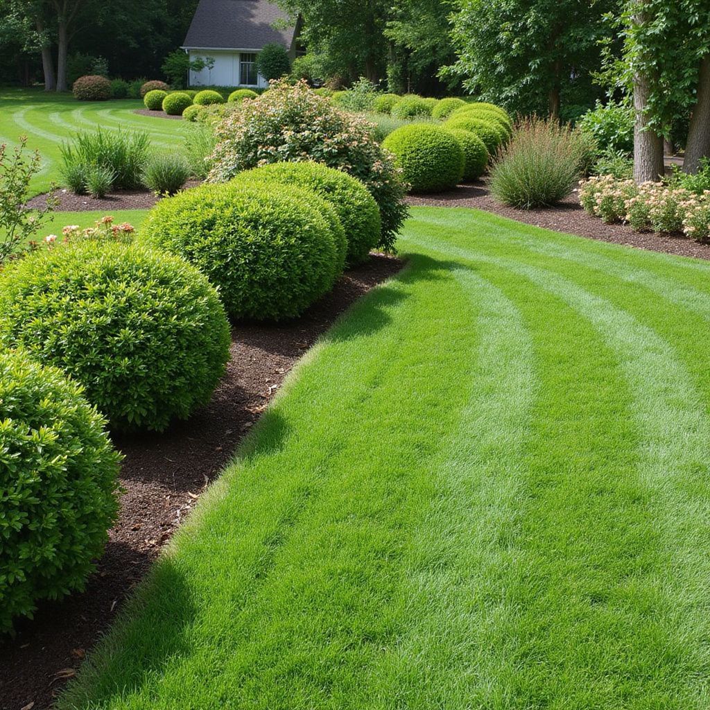 Pelouse verdoyante et luxuriante bordée de buissons arrondis et soigneusement taillés, agrémentant un parterre de fleurs.