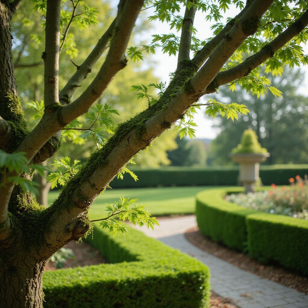 Branche d'arbre aux feuilles vertes au premier plan, bordant une allée de jardin et une haie bien entretenues.