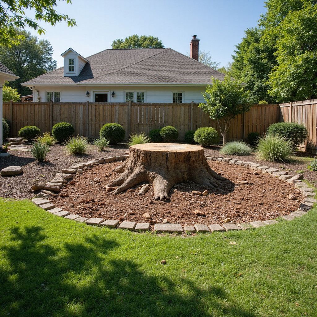 Grosse souche d'arbre dans un parterre de jardin bordé de briques, avec une maison et une clôture en arrière-plan.