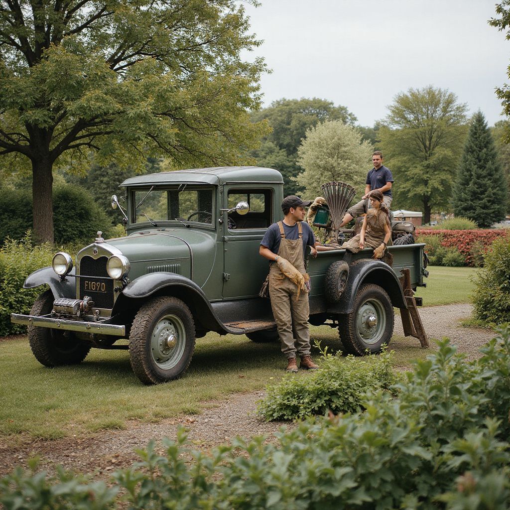 Un vieux camion vert avec trois personnes à proximité, dans un jardin. Deux sont en salopette, les autres en tenue décontractée.