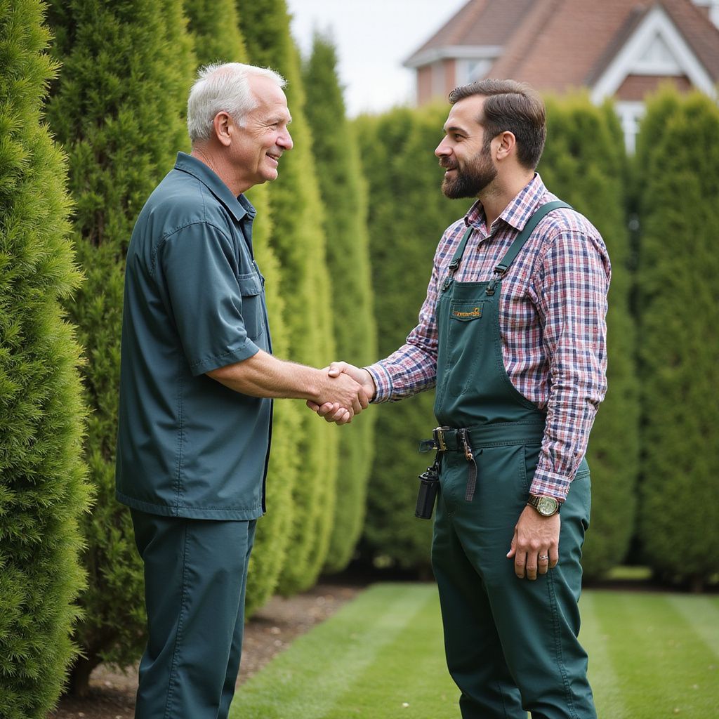 Deux hommes se serrent la main dans un jardin bien entretenu, bordé de haies vertes. L'un porte un uniforme vert, l'autre une salopette.