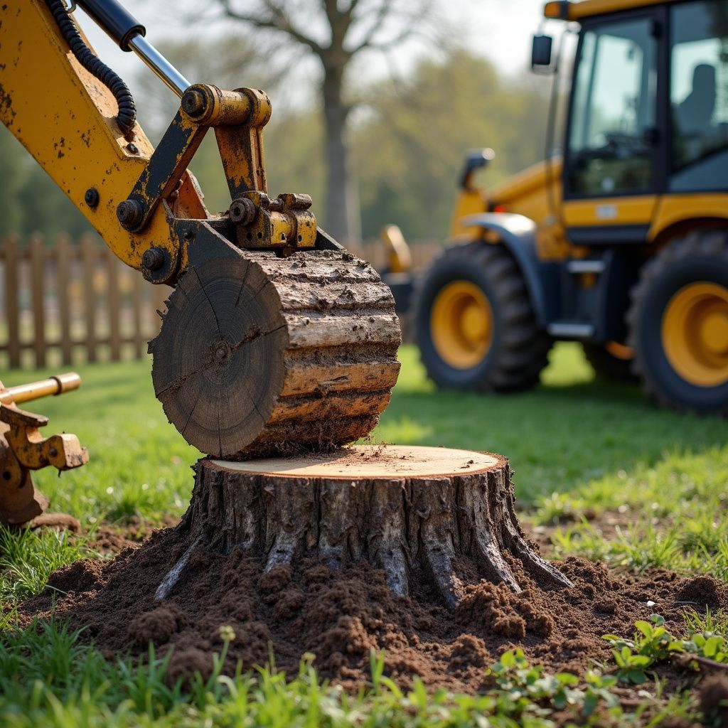 Une pelleteuse jaune enlève une souche d'arbre dans une zone herbeuse.