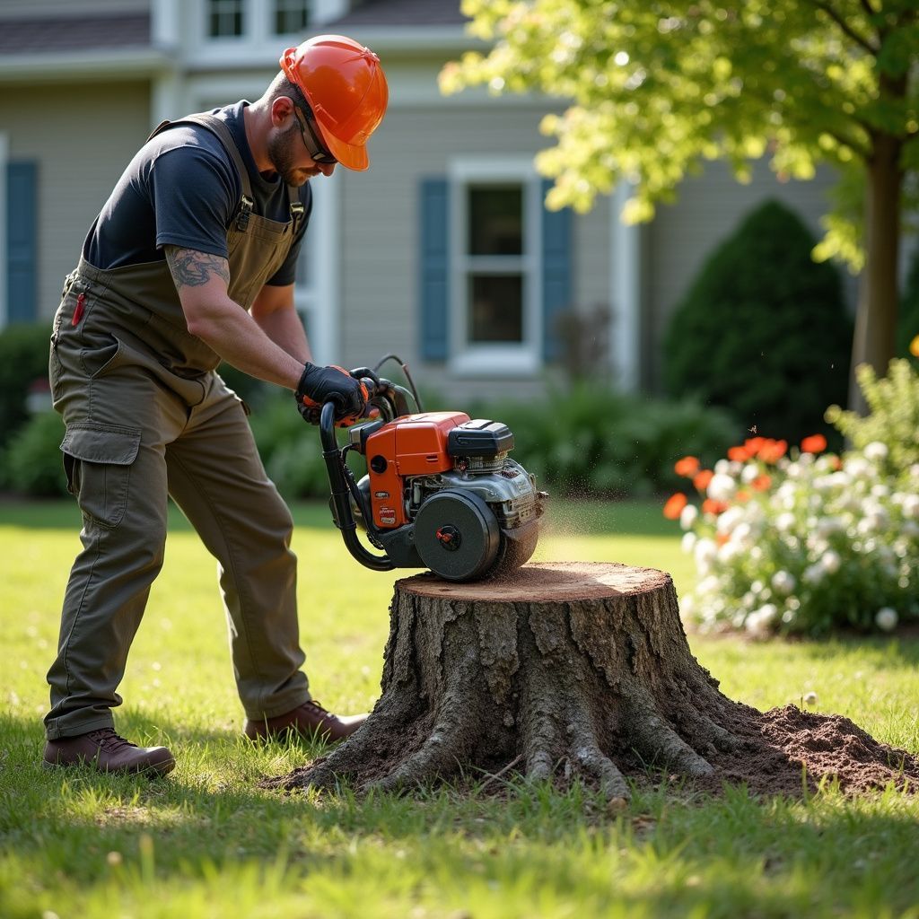 Un homme en salopette et casque de chantier utilise une tronçonneuse pour enlever une souche d'arbre dans un jardin.