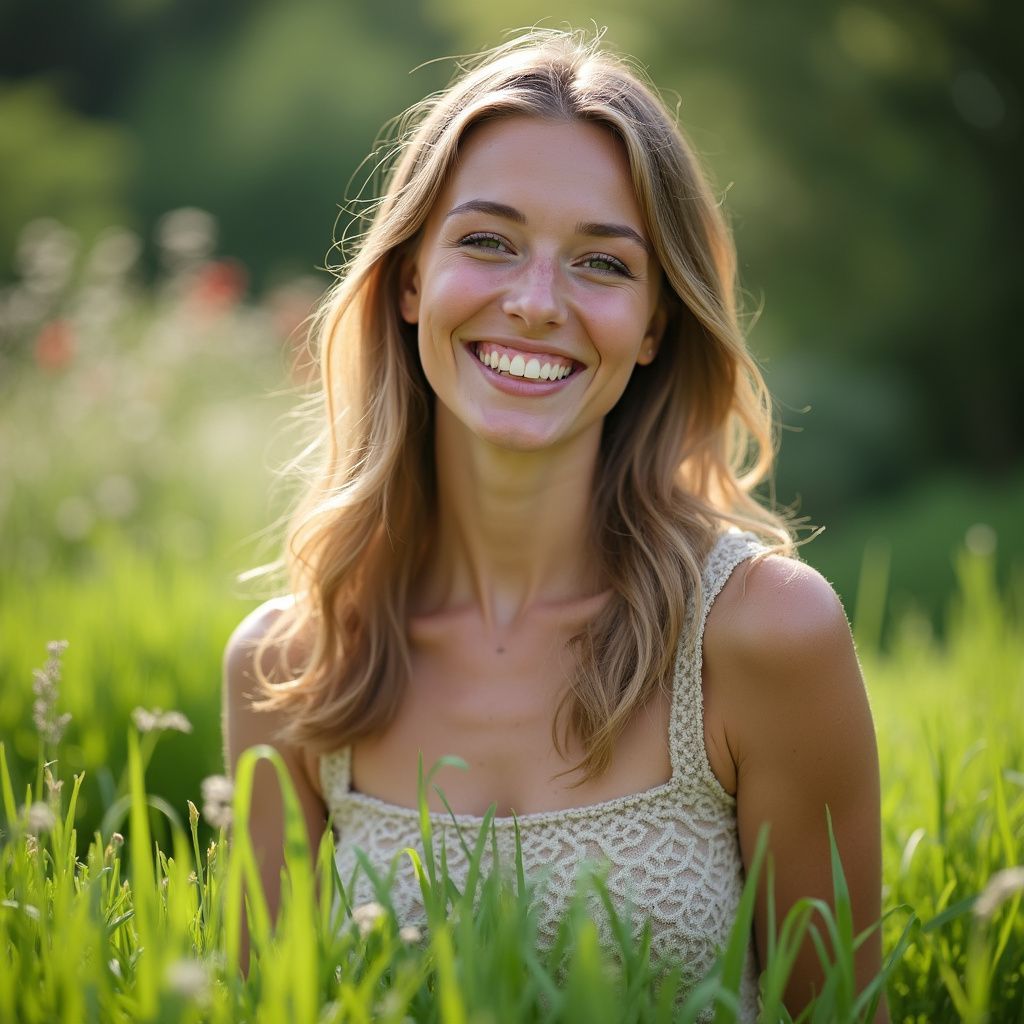 Femme souriante dans un champ de hautes herbes, vêtue d'un haut en dentelle de couleur claire.