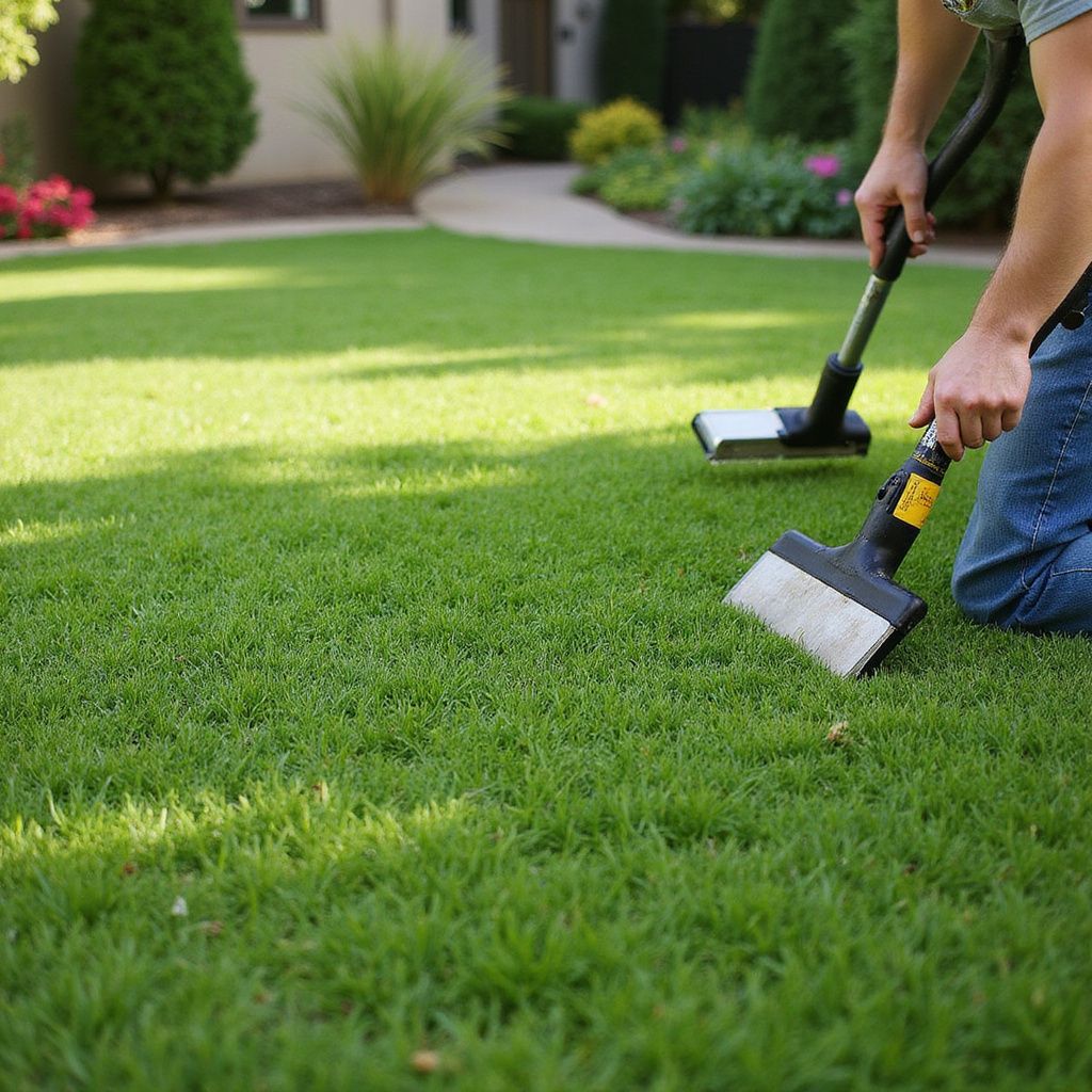 Une personne passe l'aspirateur sur une pelouse verdoyante et luxuriante à l'aide de deux aspirateurs portatifs.