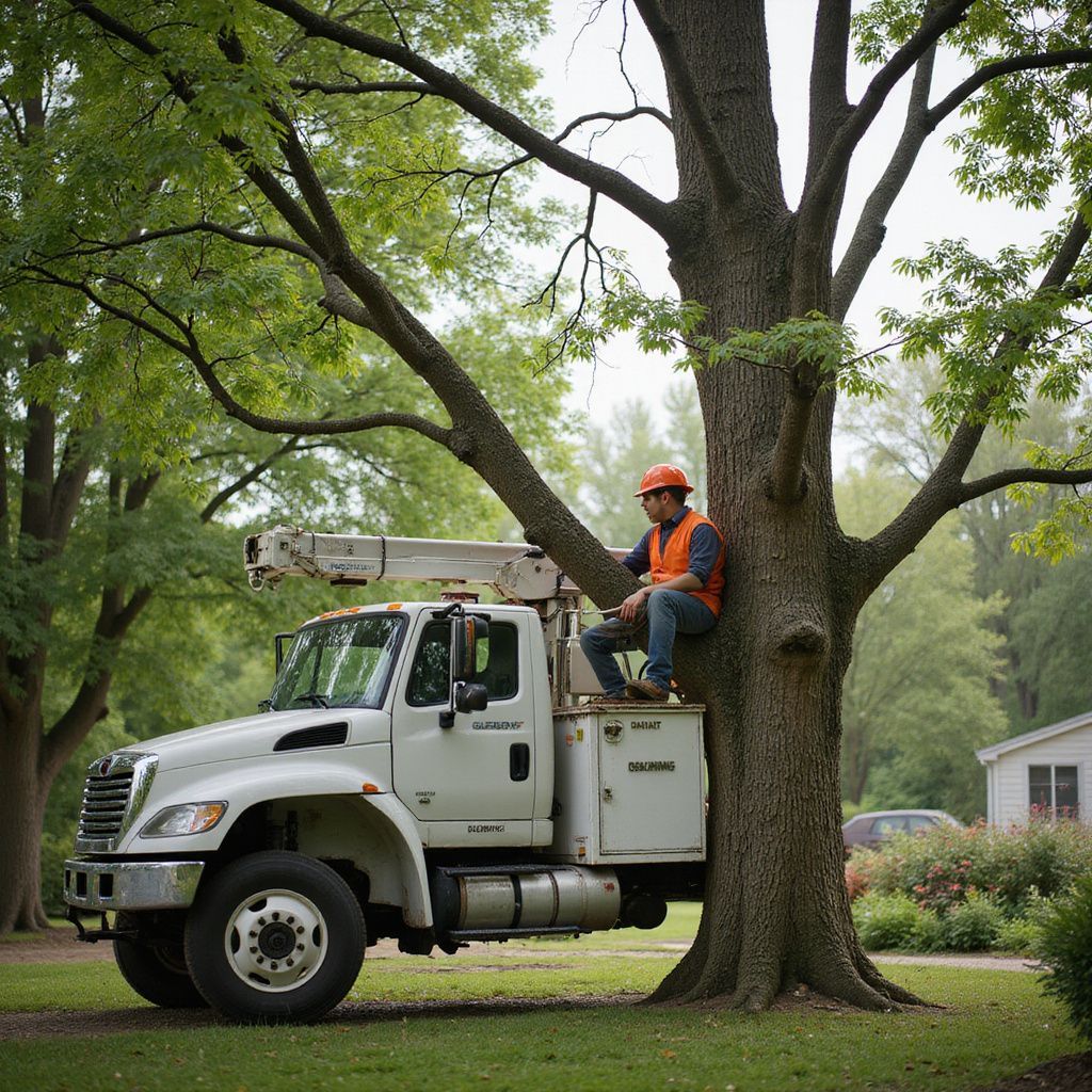 Un élagueur est assis dans la cabine d'un camion à côté d'un grand arbre.