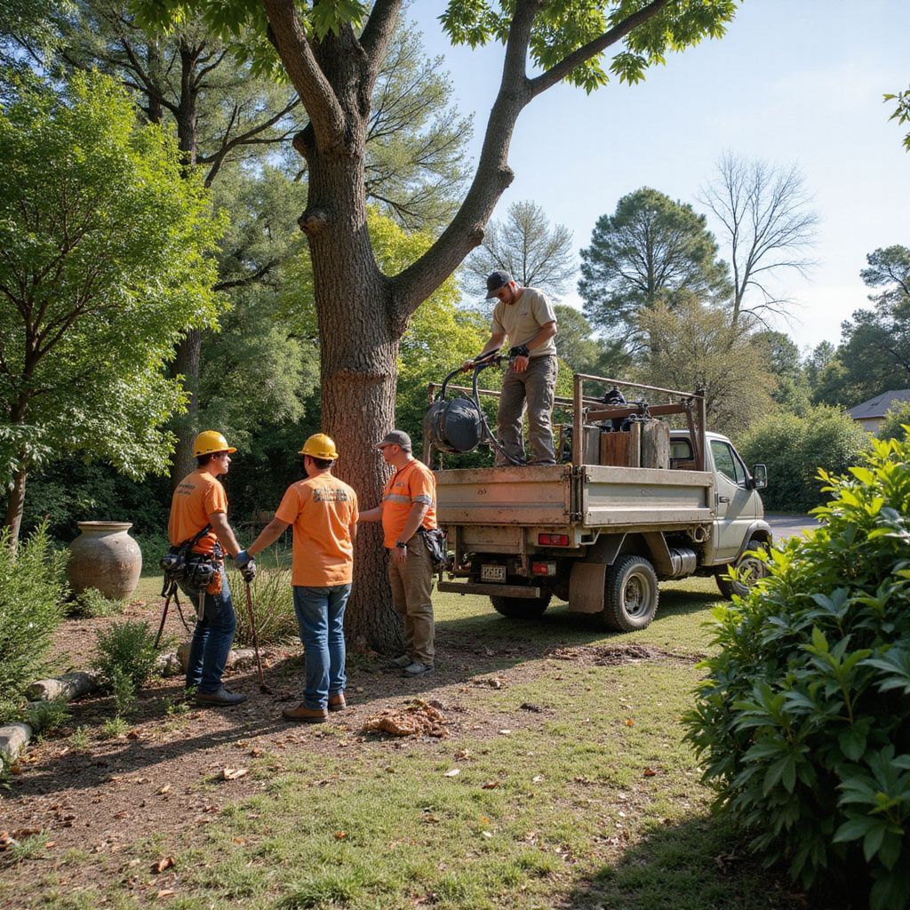 Trois élagueurs autour d'un arbre ; l'un sur un camion, les autres au sol. Journée ensoleillée.