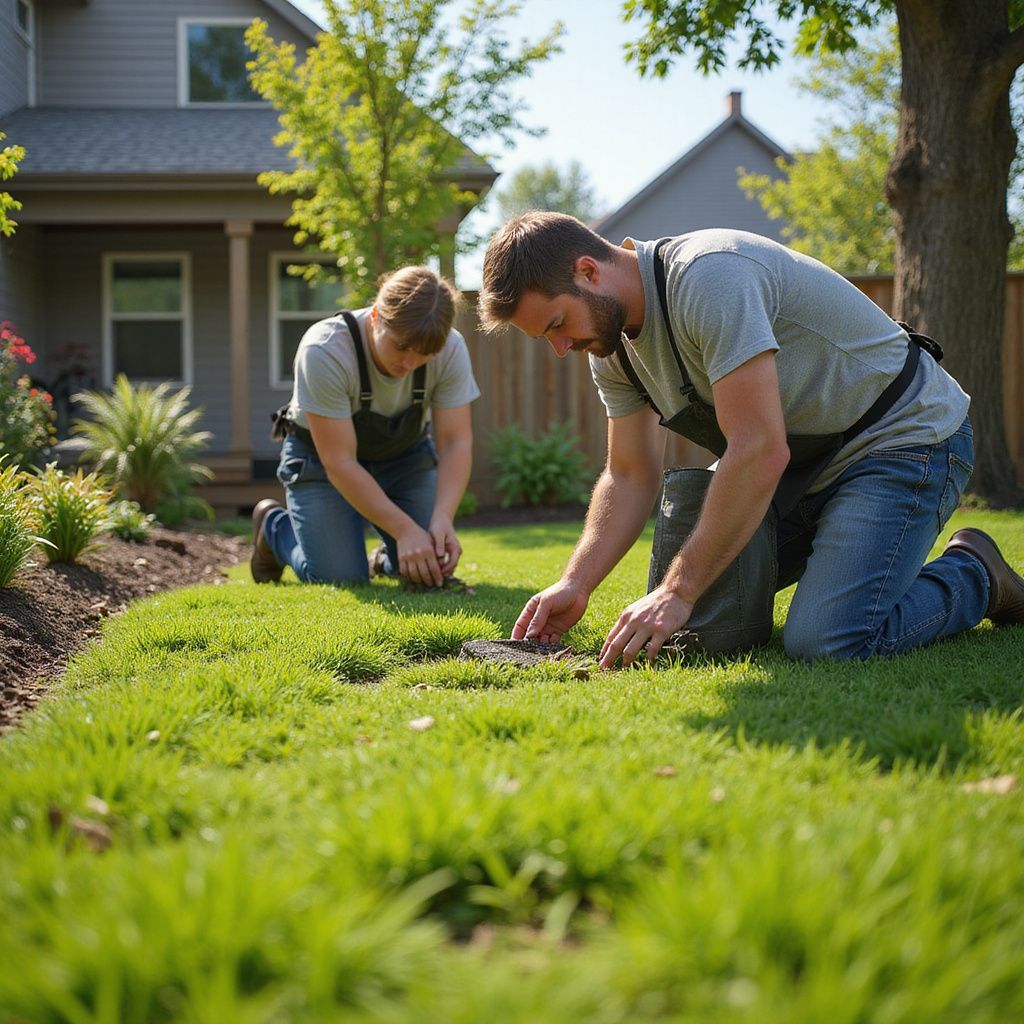 Deux personnes agenouillées dans l'herbe, travaillant dans un parterre de jardin devant une maison.
