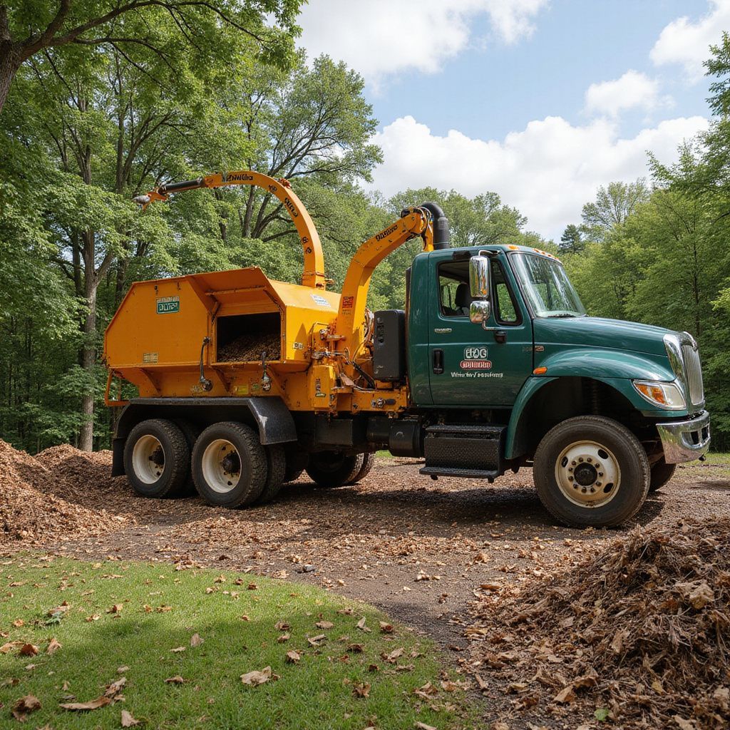 Camion broyeur de bois jaune dans une zone herbeuse avec des tas de copeaux de bois. Camion vert avec des arbres en arrière-plan.