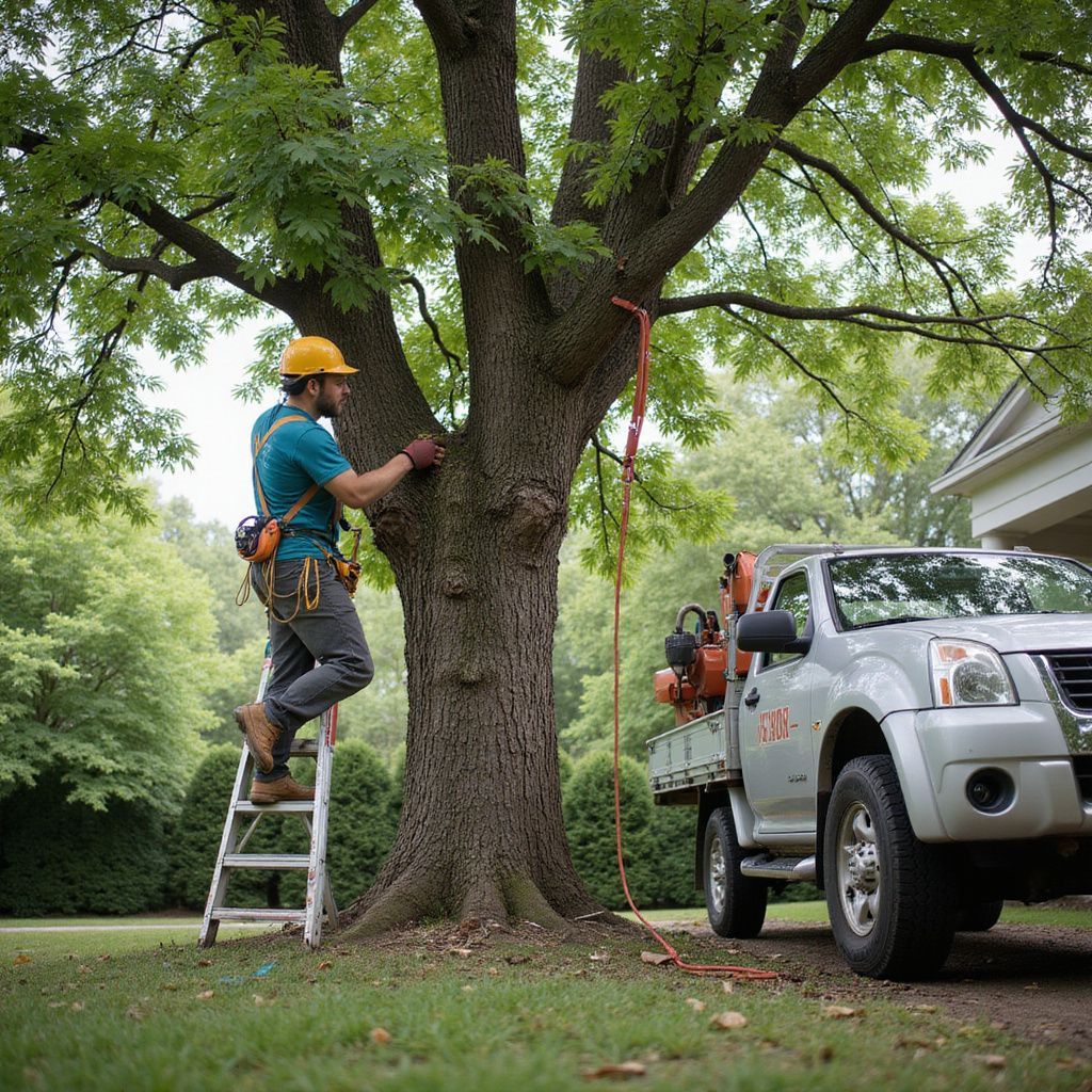 Arboriste sur une échelle près de l'arbre, préparant son matériel. Camion stationné à proximité.