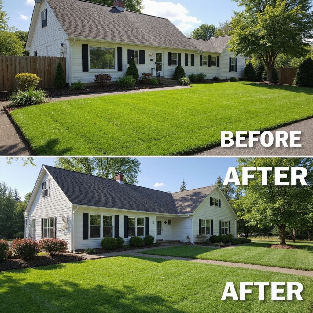 Photos avant et après d'une maison blanche avec une pelouse bien entretenue. La pelouse est verte et la maison a des volets noirs.