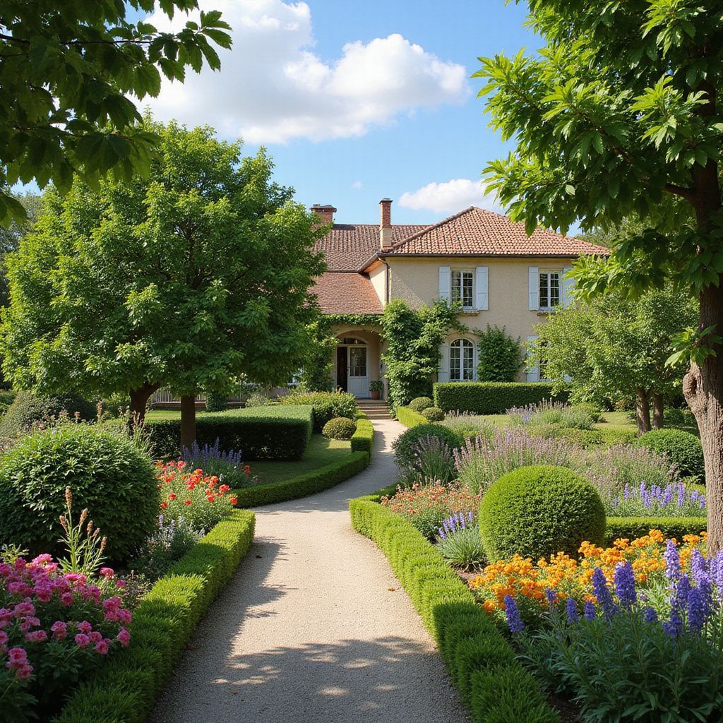 Un chemin de pierre mène à une maison au toit de tuiles, entourée d'un jardin luxuriant d'arbustes, de fleurs et d'arbres sous un ciel ensoleillé.