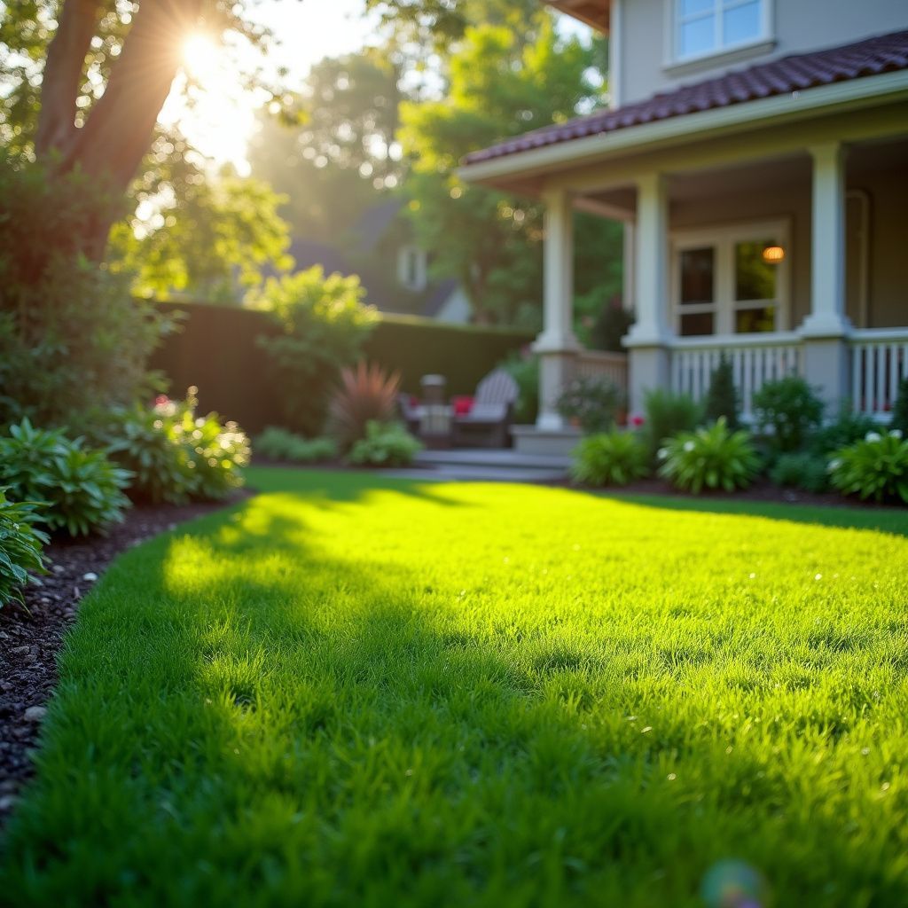 Pelouse verdoyante et luxuriante devant une maison, baignée de soleil. Parterres de fleurs et porche en arrière-plan.