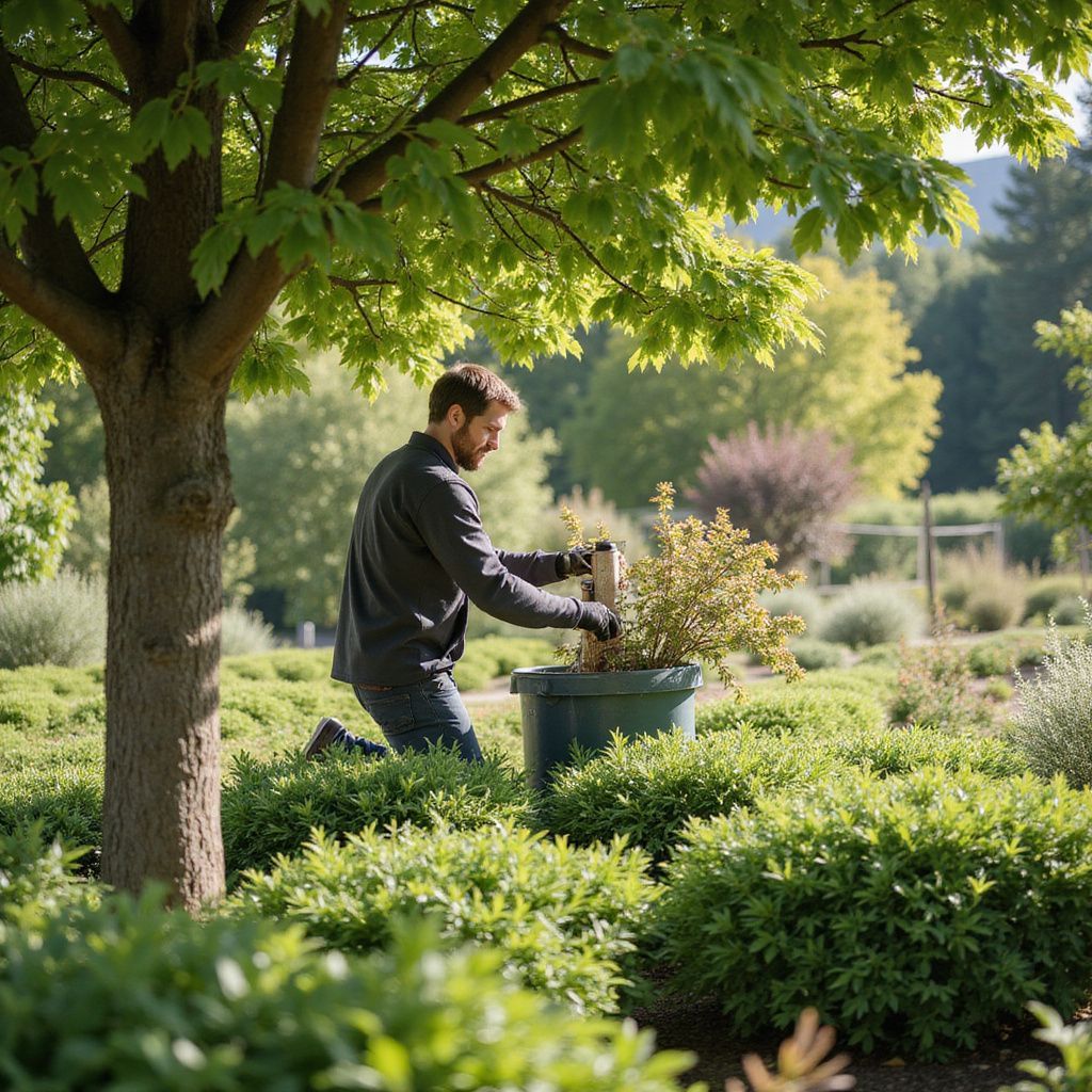 Un homme agenouillé transplante une plante dans un jardin, sous un arbre.