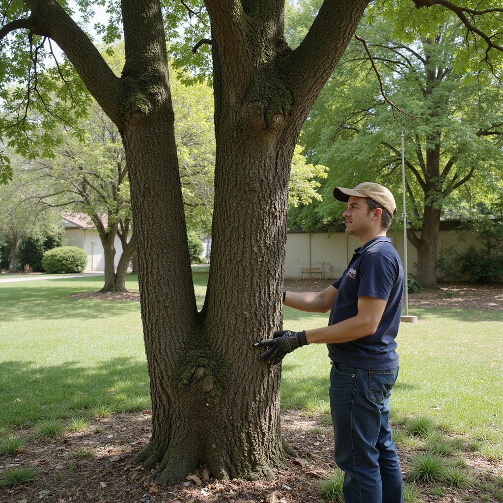 Un homme en chemise bleue et jean examine un gros tronc d'arbre dans un parc.