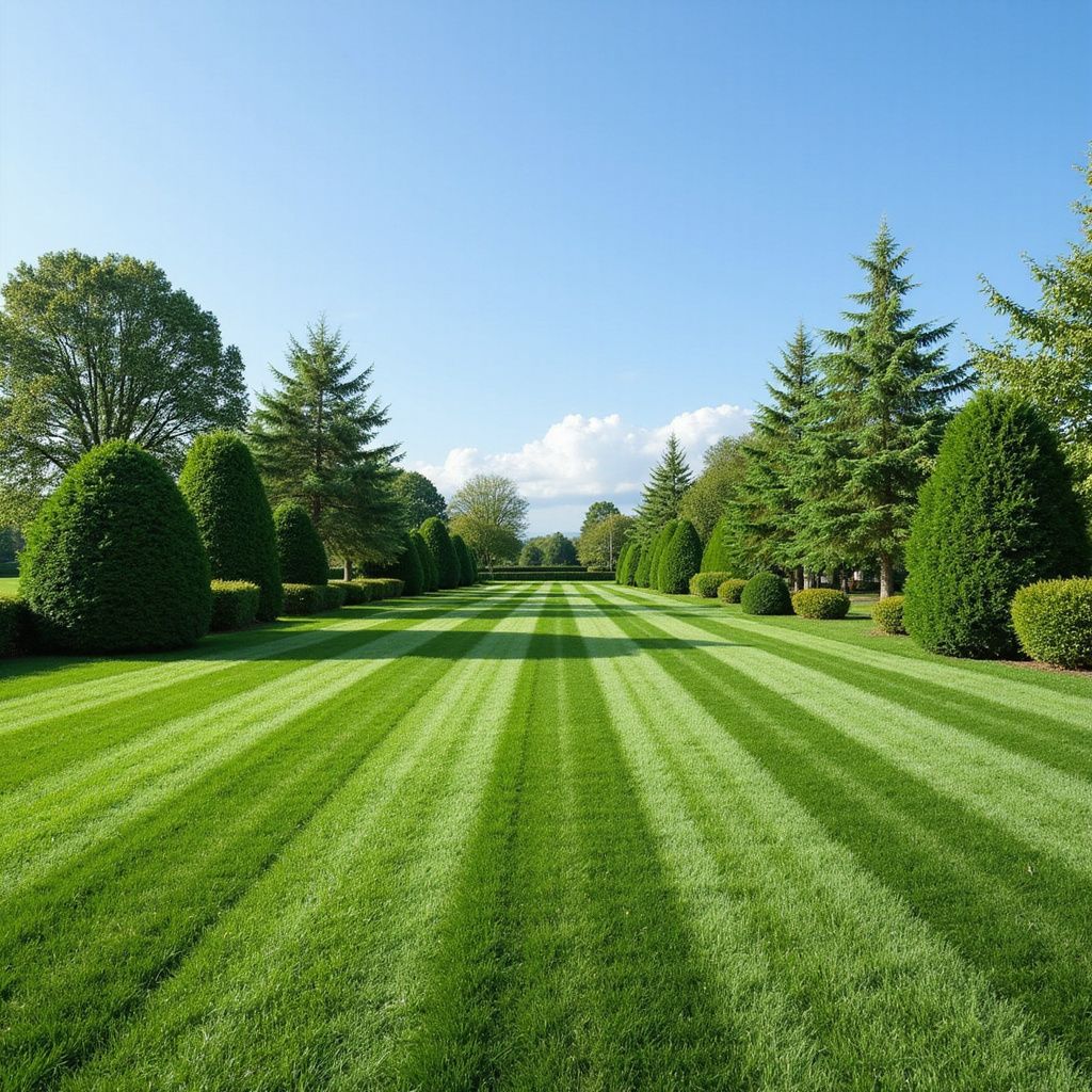 Pelouse verdoyante et luxuriante, tondue en rayures, bordée d'arbres sous un ciel bleu limpide.