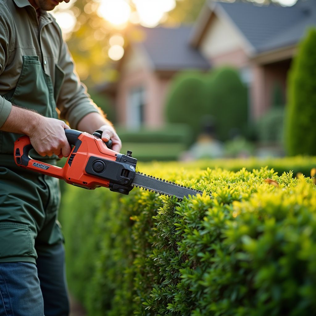 Une personne taille une haie avec un outil électrique orange et noir dans un jardin ensoleillé.