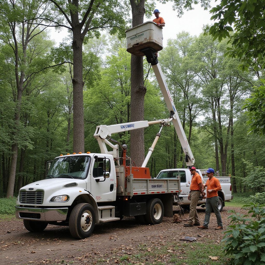 Une équipe d'élagueurs utilise une nacelle élévatrice dans une zone boisée. Les travailleurs portent des gilets de sécurité.
