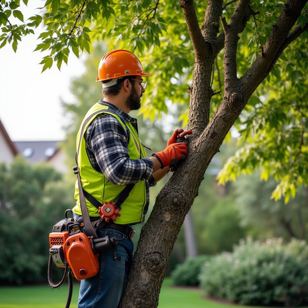 Un arboriste, équipé d'un casque orange, de gants et d'un gilet jaune, élague un arbre en extérieur.