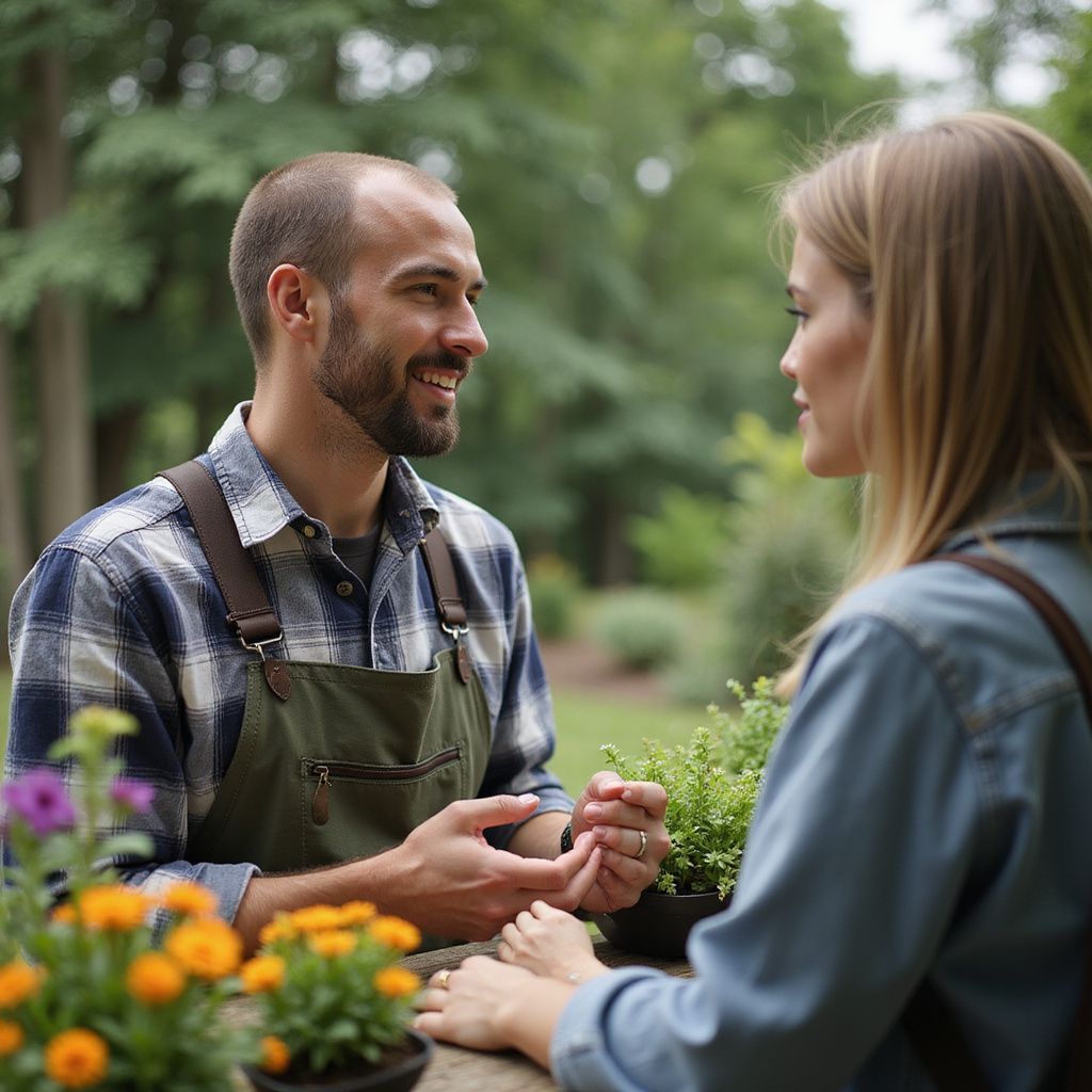 Un homme barbu, portant un tablier, sourit en parlant à une femme à l'extérieur. Des fleurs sont posées sur la table.