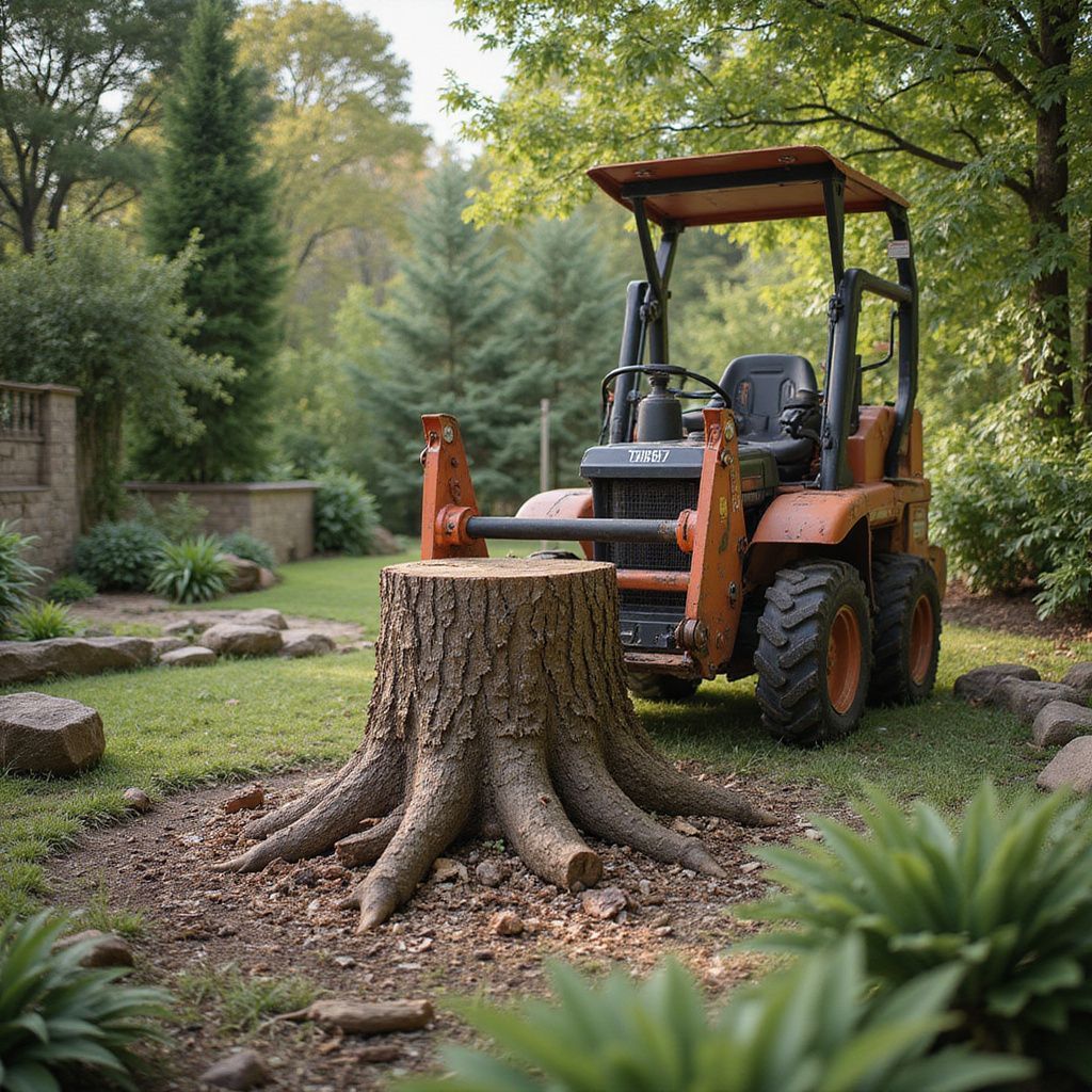 Un tracteur orange derrière une souche d'arbre dans une cour herbeuse, avec une forêt en arrière-plan.