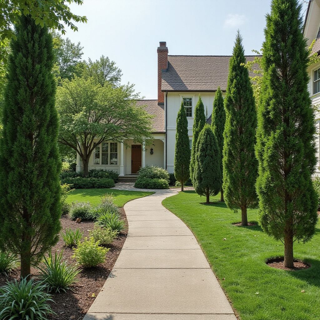 Un chemin de béton serpente vers une maison blanche à la porte marron. De grands arbres verts bordent le chemin sur une pelouse verdoyante.
