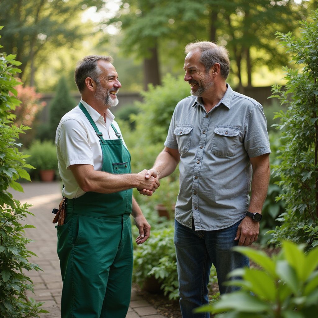 Deux hommes se serrent la main dans un jardin luxuriant. L'un porte une salopette verte, l'autre une chemise grise ; tous deux sourient.