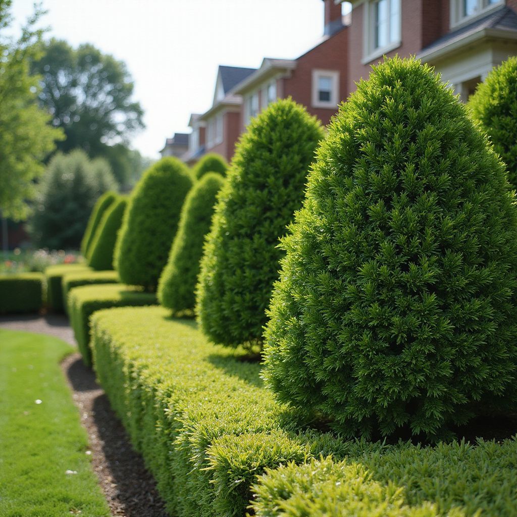 Des arbres à feuilles persistantes, verts et taillés, et une haie devant des maisons en briques rouges.