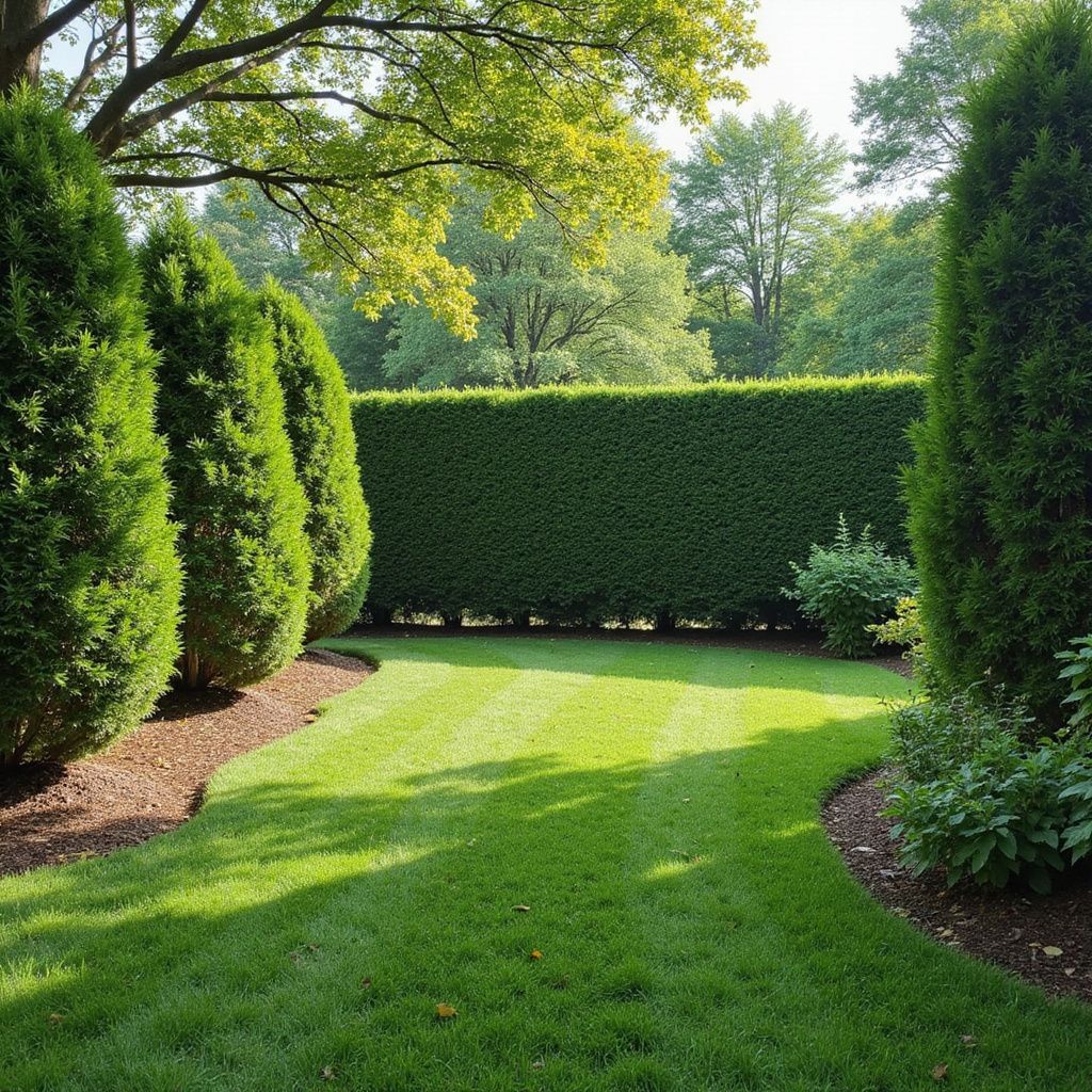 Une pelouse verdoyante et luxuriante, agrémentée d'arbustes et d'une haie taillés, ombragée par des arbres, crée un cadre de jardin paisible.