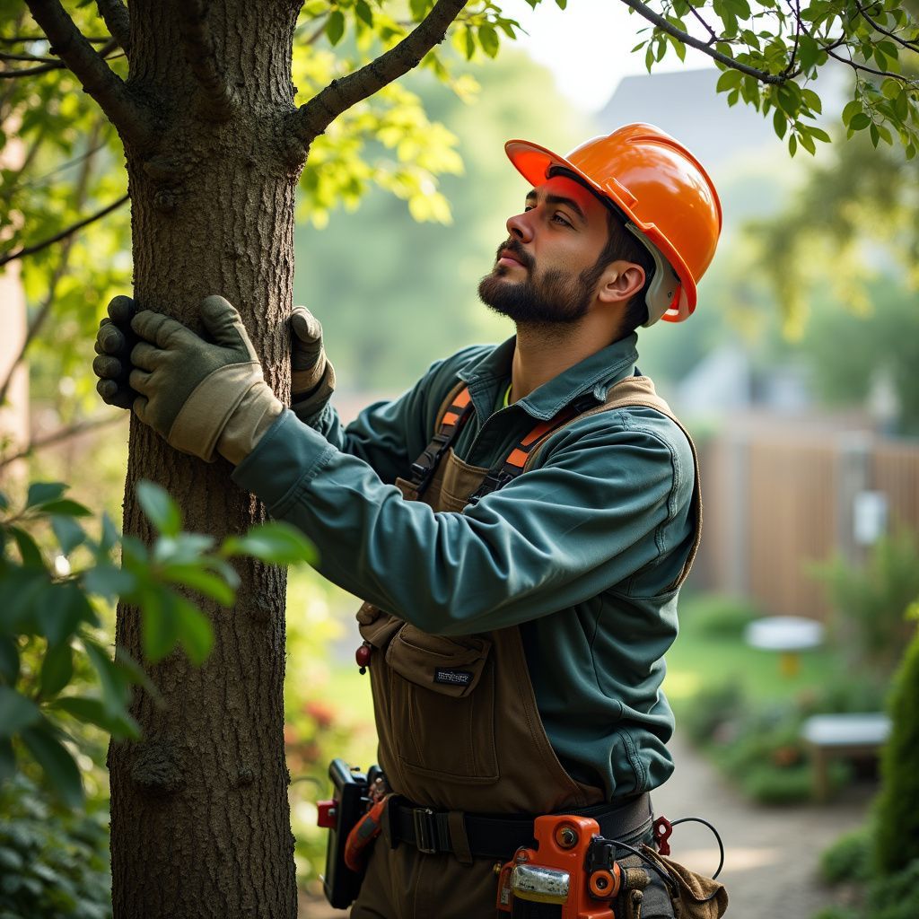Un arboriste portant un casque orange et une tenue de travail examine un arbre dans un jardin.