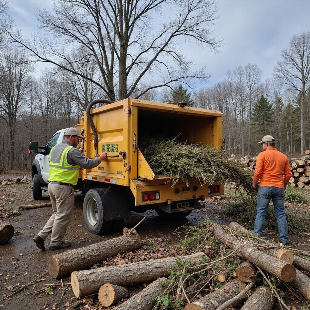 Des hommes chargent des branches dans un camion broyeur jaune dans une zone boisée.